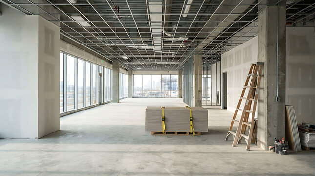 Unfinished modern office suite interior featuring exposed ceiling grid framework and drywall stacks for commercial renovation project with building under construction