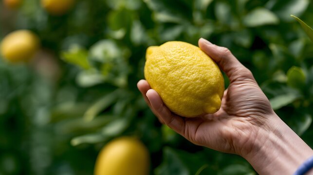 Hand holding a ripe yellow lemon from a vibrant green tree, symbolizing freshness, harvest, and healthy living