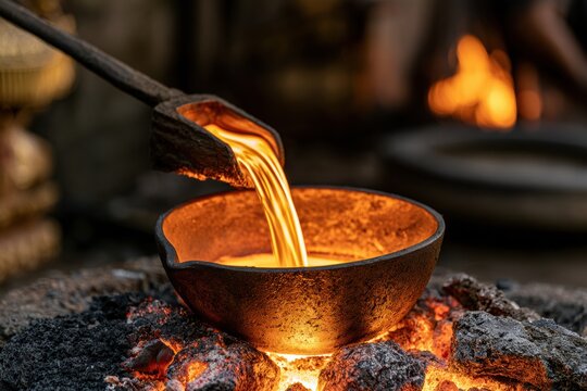 Molten gold pouring into crucible bowl over hot coals metal casting