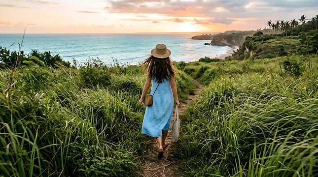 Woman in blue dress walking towards the ocean at sunset.