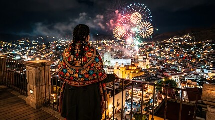 Fototapeta premium Woman in traditional Mexican shawl watching fireworks over San Miguel de Allende at night.