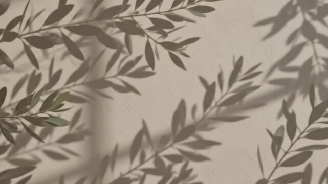 Shadow of olive leaves cast on beige wall with warm natural sunlight creating peaceful aesthetic background