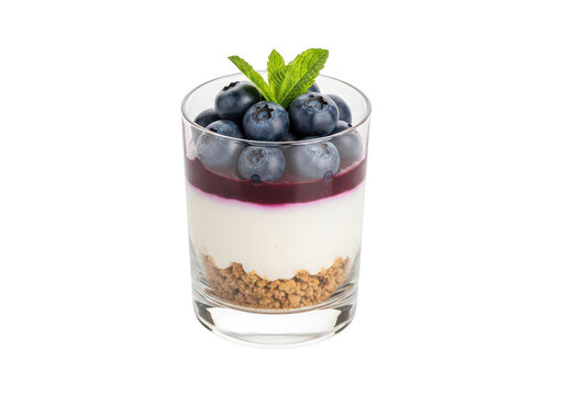 Fresh blueberry yogurt parfait in glass with mint garnish isolated isolated on transparent background