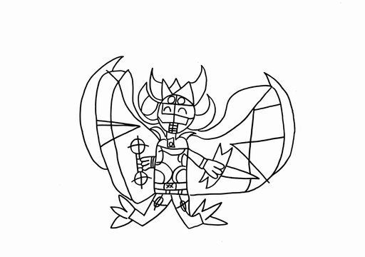 Cute winged mecha superhero character with armor and weapon, hand-drawn child art style vector illustration