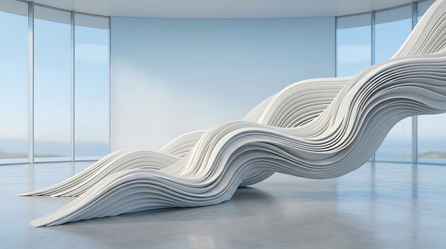 White fluid abstract sculpture installation in modern office building with glass walls, sculpture