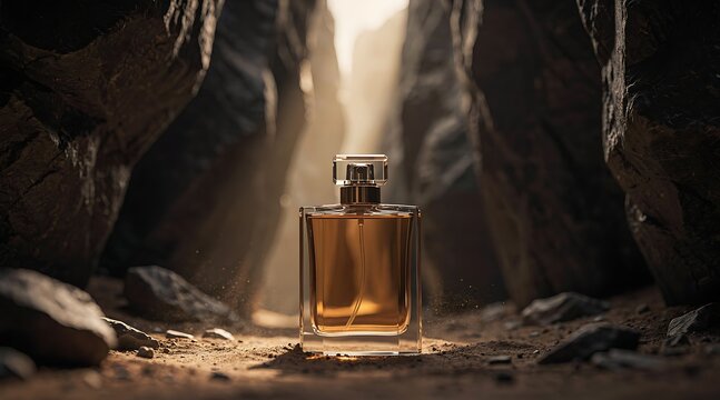 Luxurious perfume bottle placed in a dramatic rocky canyon with sunlight.