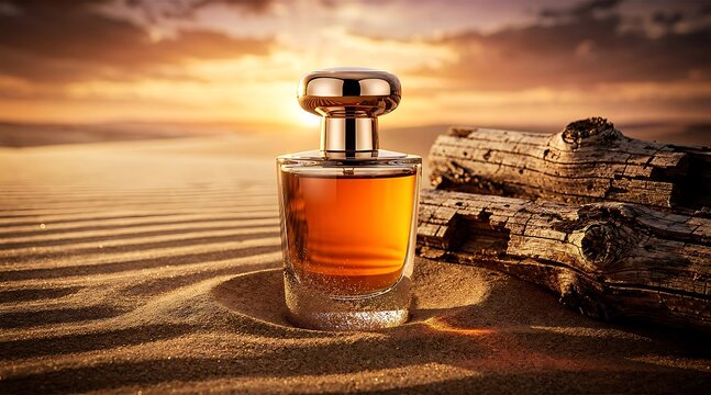 Luxury perfume bottle on sand with driftwood and sunset sky.