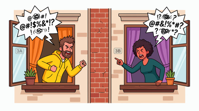 Angry man and woman yelling from neighboring apartment windows with profanity speech bubbles, divided by a brick wall, illustrating neighbor conflict and expressing frustration