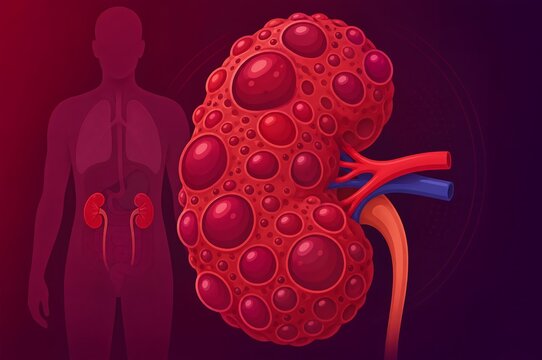 Polycystic kidney disease medical illustration with human silhouette showing adpkd cysts