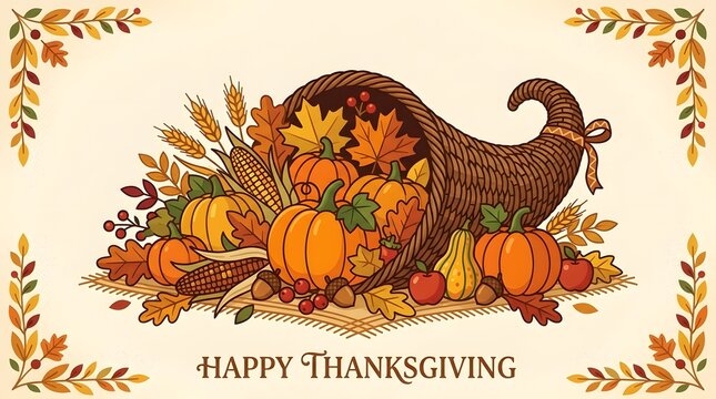 Thanksgiving cornucopia with pumpkins. Autumn harvest horn of plenty for holiday greeting.