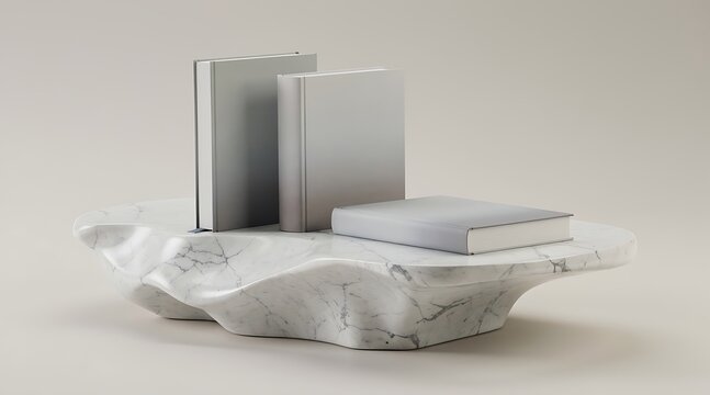 Minimalist composition of three blank books on a white marble pedestal.
