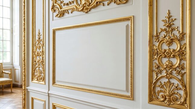 Classic French rococo interior wall with gilded gold molding and blank central panel representing luxury interior frame