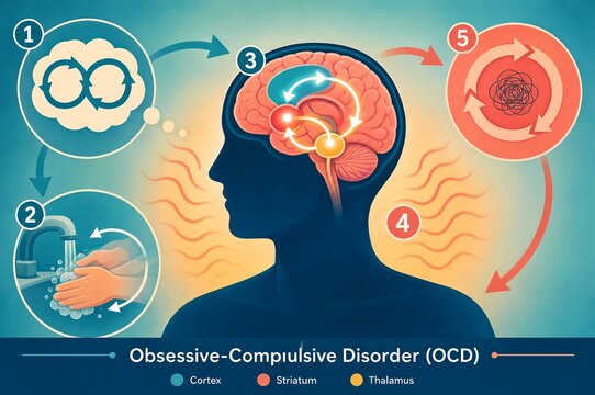 Obsessive compulsive disorder medical infographic of ocd brain circuitry and behavioral cycle