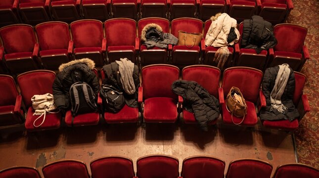 Empty theatre seats with winter coats. Red cinema chairs with personal belongings.