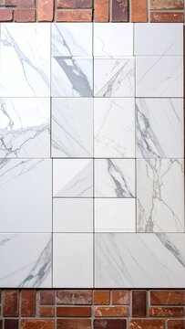 A surface of white marble tiles with grey veining arranged in a grid, bordered by red bricks.