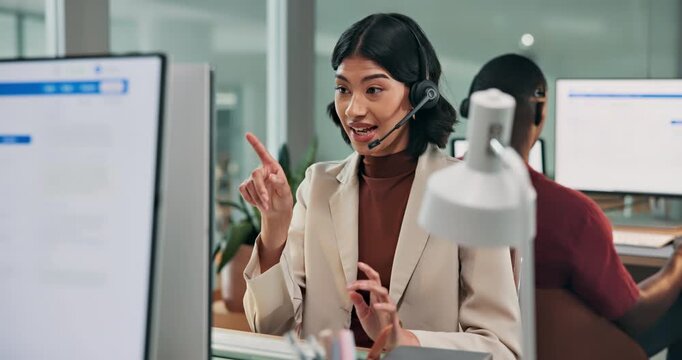 Consulting, woman and help with computer in call center for tech support, account access or happy. Coworking, IT consultant and PC for remote diagnostics, issue resolution and guide on password reset