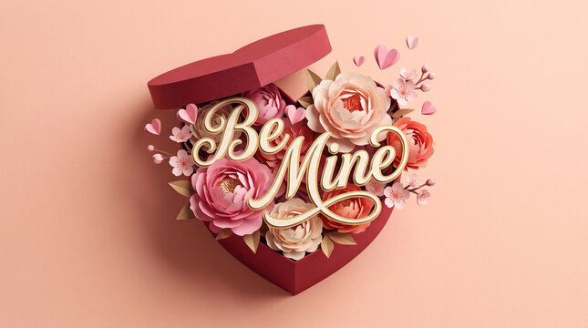 Be Mine text paper craft Valentine's Day banner with open heart shaped gift box filled with blooming pink peonies and cherry blossoms 3D render.