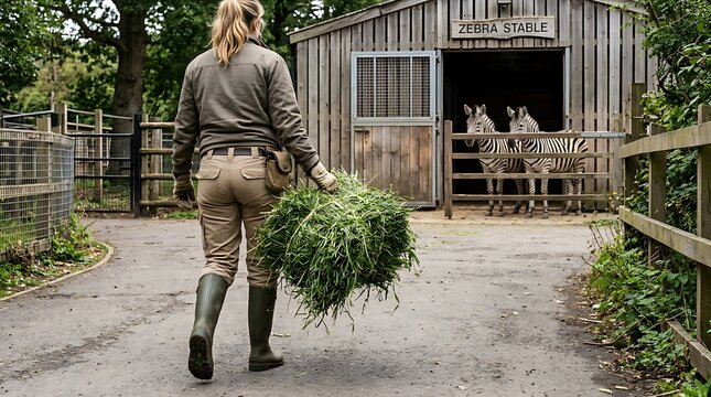 Zookeeper carrying fresh grass to feed zebras in their barn.