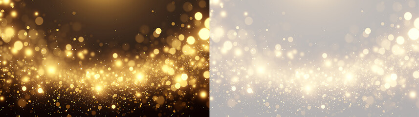 Golden bokeh dust and light stream banner. Abstract glowing glitter particles on transparent background. Luxury gold sparkles backdrop © TeTi