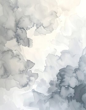 Soft watercolor washes in shades of grey and white create an ethereal cloud-like abstract.