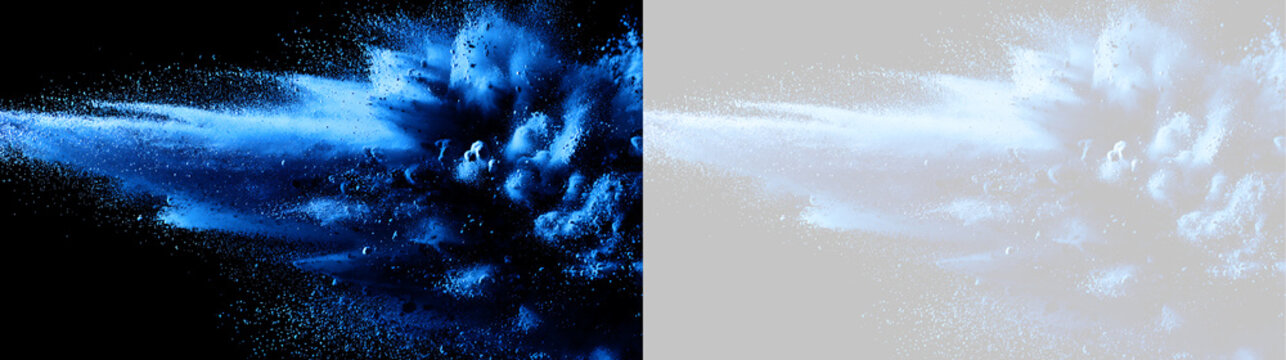Dynamic blue powder explosion bursting to the left. Vibrant blue dust cloud and particle burst effect