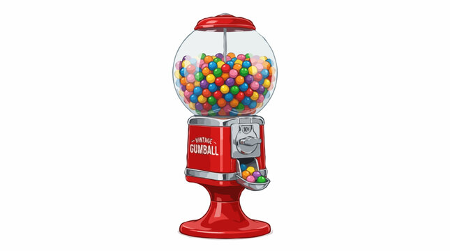 A classic red gumball machine filled with colorful candies and sitting on a pedestal