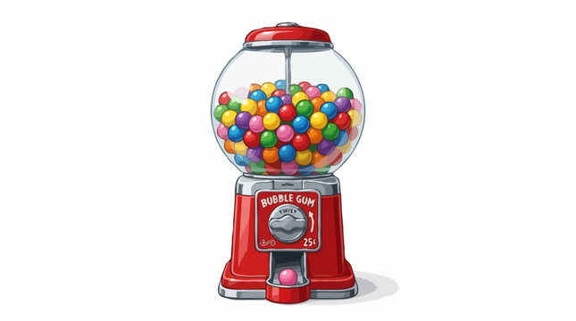 A classic red gumball machine filled with colorful candy and dispensing a single gumball