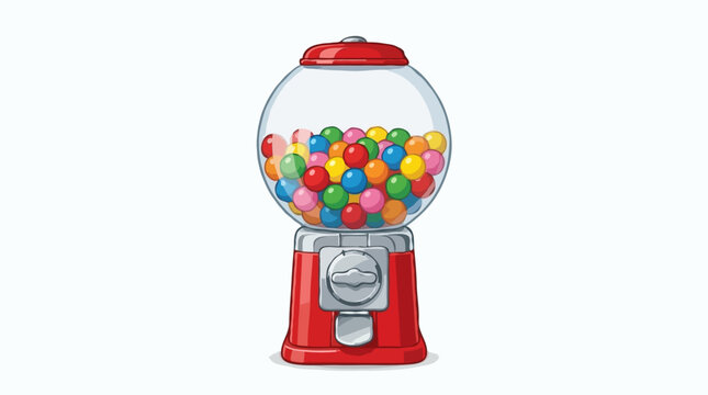 A red gumball machine filled with colorful gumballs on a white background