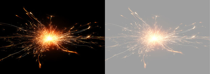 Fototapeta premium Bright sparkler explosion burst overlay. Glowing fiery sparks and light trail effect on black and transparent background. Isolated festive element for design