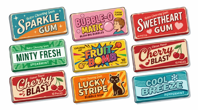 A collection of nine retro-style bubble gum wrappers, each featuring vibrant designs and catchy names like Sparkle Gum, Bubble-o-Matic, and Fruit Bomb