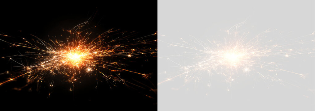 Glowing sparkler light burst with fiery sparks and trails. Isolated bengal light firework on transparent background