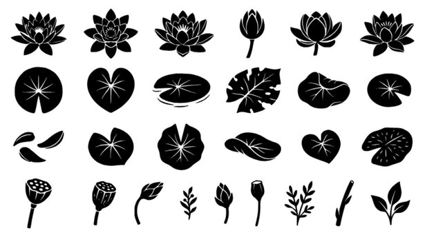 Stylized Black Water Lily Blossoms and Lily Pad Silhouette Collection Isolated on White Vector Set