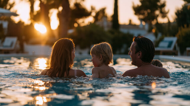 Idyllic faceless family swimming in a beautiful outdoor pool at sunset, warm golden-hour light, calm water reflections, luxury residential setting, inviting mood, wide cinematic composition