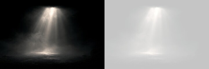 Obraz premium Overhead beam of light with smoke effect on dark ground. Volumetric spotlight overlay design element