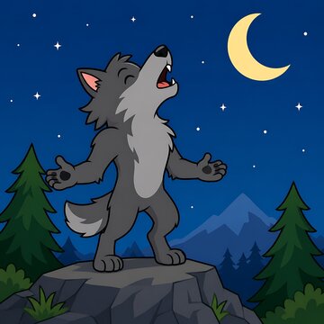 Cute Cartoon Werewolf Howling at Moon Spooky Night halloween costume Character Illustration for halloween party, Generative AI