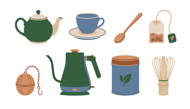 Set of modern kitchenware including teapot cup spoon tea bag tea infuser kettle tea canister and bamboo matcha whisk flat vector illustration.