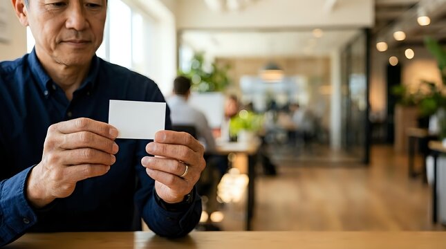 Senior Asian businessman reviewing blank business card in modern office, ideal for corporate branding, networking, and identity mockup designs.
