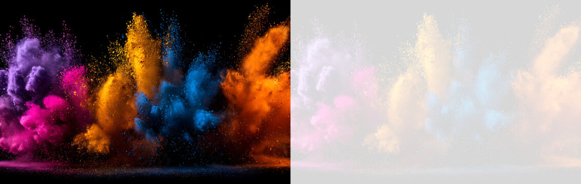 Multi color holi powder explosion on black and transparent background. Vibrant dust burst banner isolated