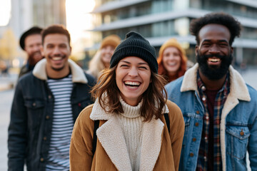 Fototapeta premium Aerial view of diverse group of friends spending time together in a modern city square, genuine laughter and connection, bright natural sunlight, realistic lifestyle scene