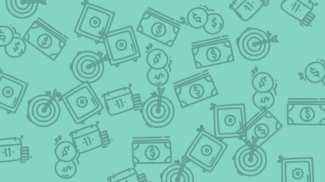 Green background pattern with money bills, coins, and target icons. Ideal for financial concepts, investment promotions, and business presentations.