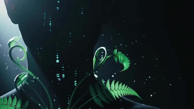 Sustainable Green Tech: Glowing Digital Code and Fern Growth on Human Silhouette for Bio-computing & ESG,