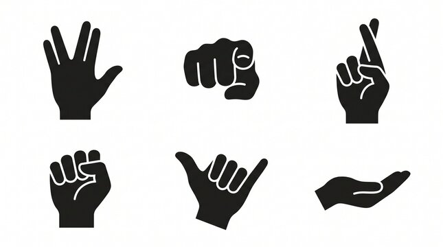 Collection of expressive hand gesture silhouette icons featuring Vulcan salute, fist, crossed fingers, pointing finger, shaka sign, and open palm for communication and design projects.