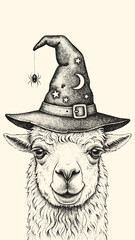 Obraz premium Alpaca wearing a witch hat with a spider Halloween llama portrait illustration
