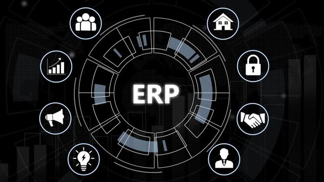 Enterprise resource planning erp software system interface concept featuring animated digital for business management, data integration, corporate workflow automation, and global network connectivity
