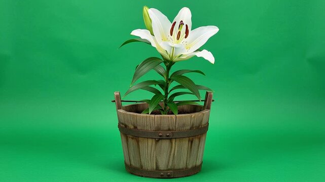 Beautiful white lily flower blooming in a wooden pot against a green background