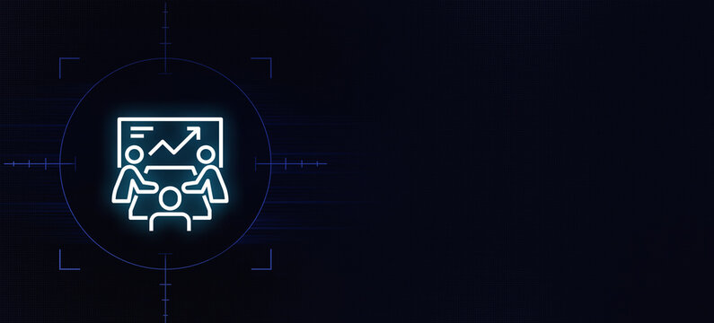 Target audience market segmentation pie chart with user icons glowing neon icon