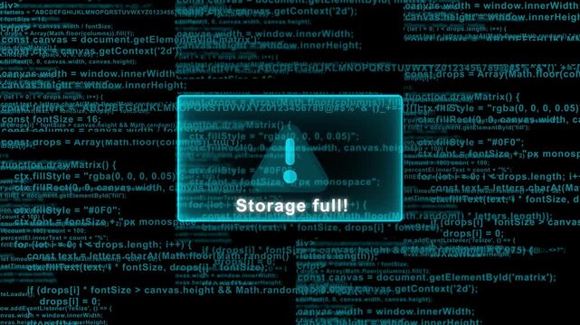 Digital storage full alert message with matrix background for computer system error and data management issues technical visualization"