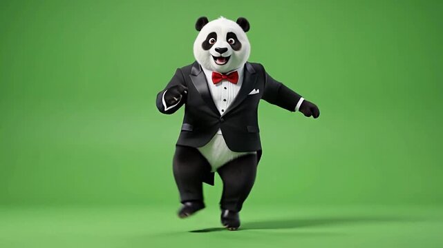 Funny panda wearing tuxedo dancing happily against green background
