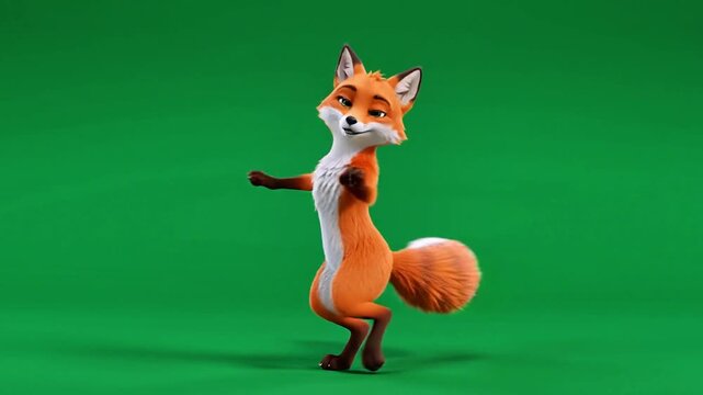 Cute animated fox character dancing joyfully against a solid green background