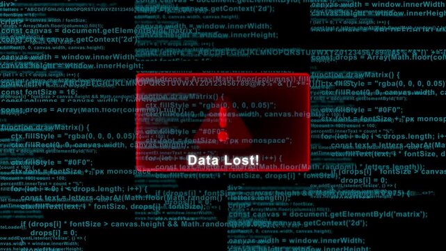 Permanent digital data lost error message with matrix code background for cyber security breach and file recovery failure"